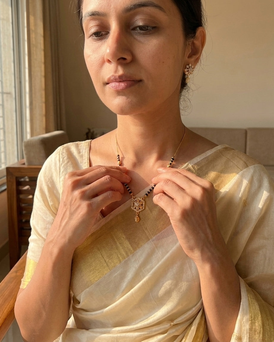 Gold-Tone Brass Hexagon Pendant Mangalsutra | 18-Inch Daily Wear