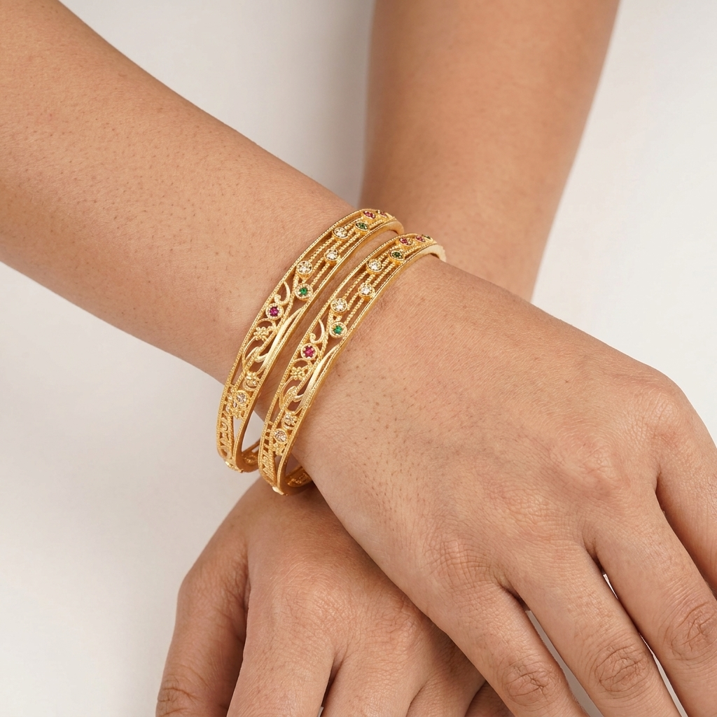 Elegant Brass Daily Wear Bangles with Multi-Color Stone Accents (Set of 2)