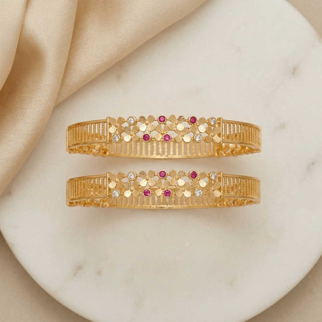 Daily Wear Brass Floral Bangles with Ruby & White Stone Accents (Set of 2)