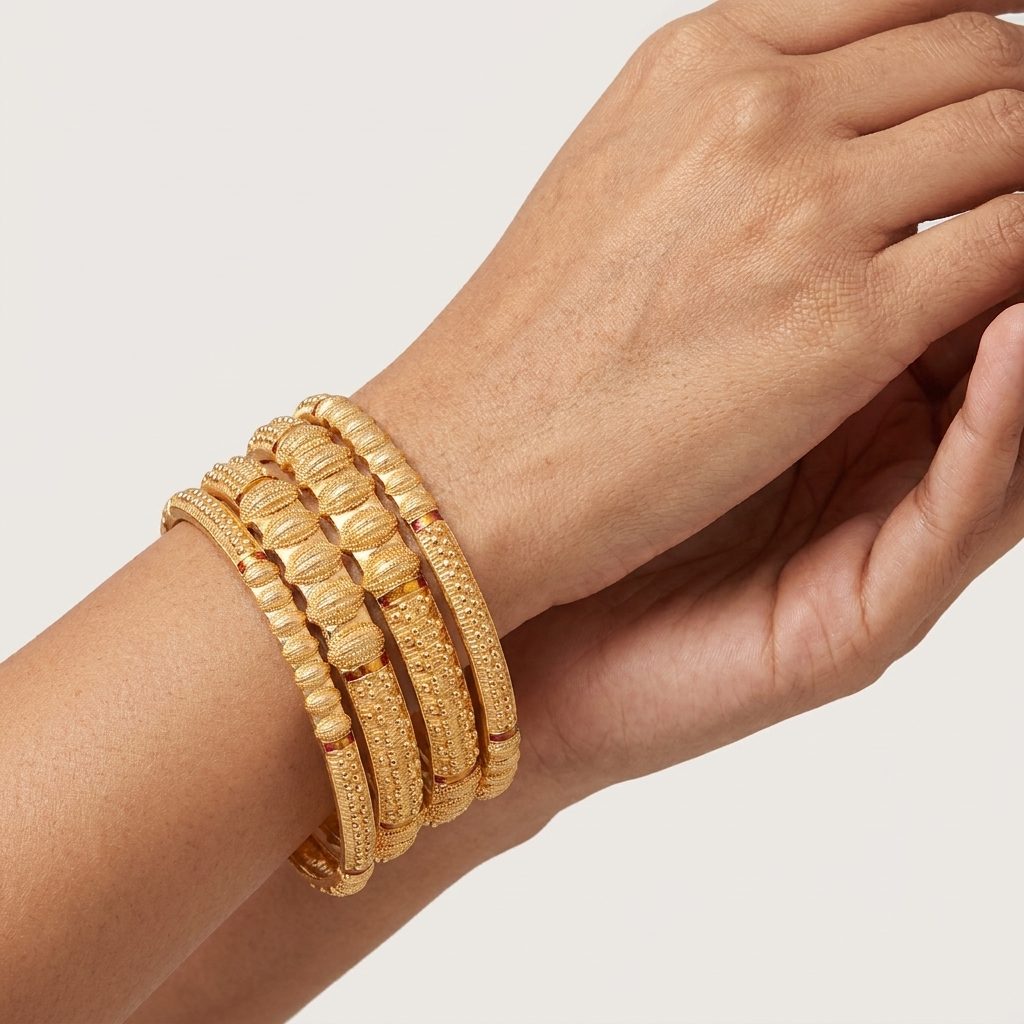 Elegant Brass Gold-Toned Textured Bangle Set ÔøΩ Durable Daily Wear Classic Kada Bangles