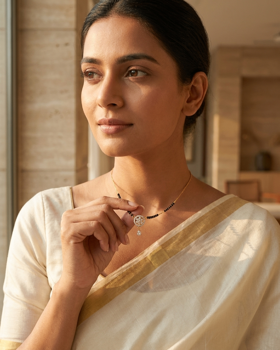 Gold-Plated Round Pendant Mangalsutra with Teardrop Stone