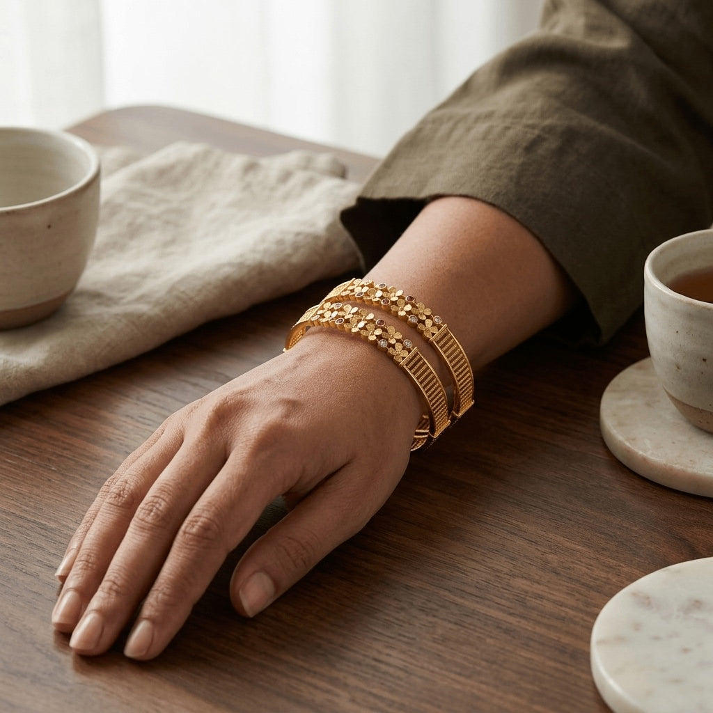 Daily Wear Brass Floral Bangles with Ruby & White Stone Accents (Set of 2)