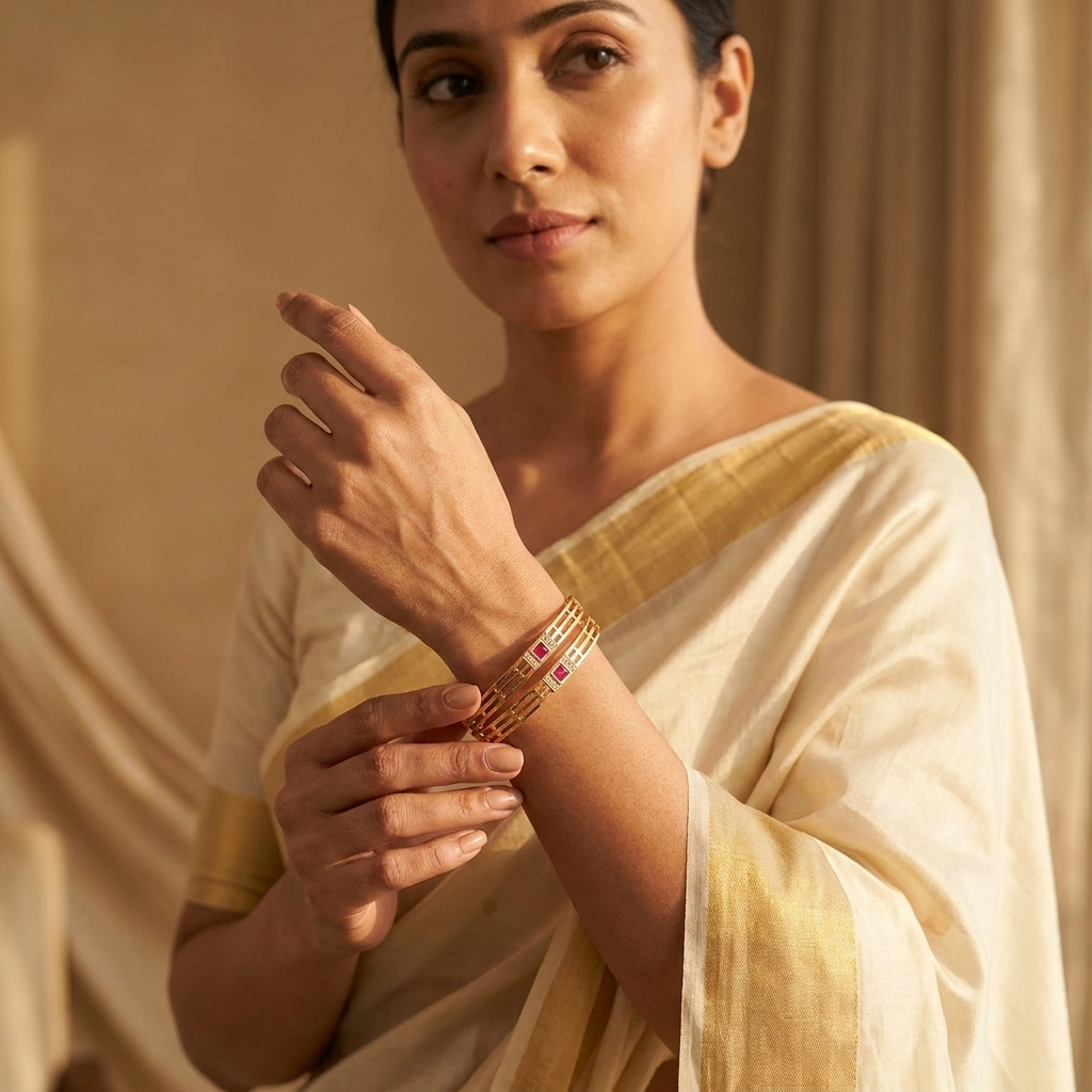 Elegant Brass Daily Wear Bangles with Ruby Red Stone Accent (Set of 2)