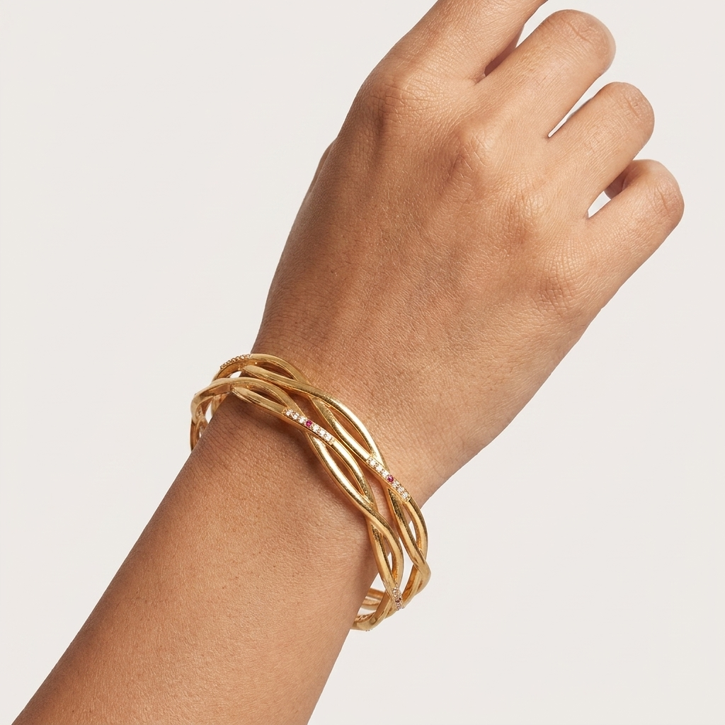 Elegant Gold Twisted Bangles Set of 2 ÔøΩ Stackable Wave Cuff Bracelets with Pave Accents