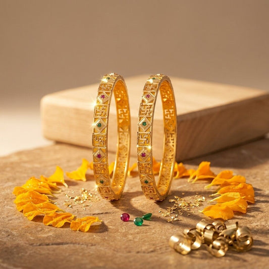 Daily Wear Gold-Plated Brass Bangles with Red and Green Stones (Set of 2)