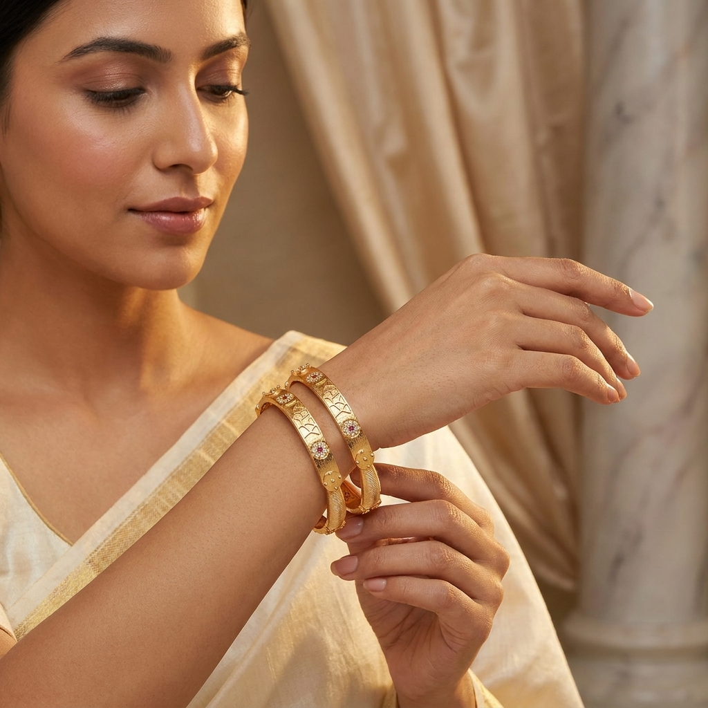 The Aura Geometric Kada Bangles (Set of 2) ÔøΩ Matte Gold with Ruby & Cubic Zirconia