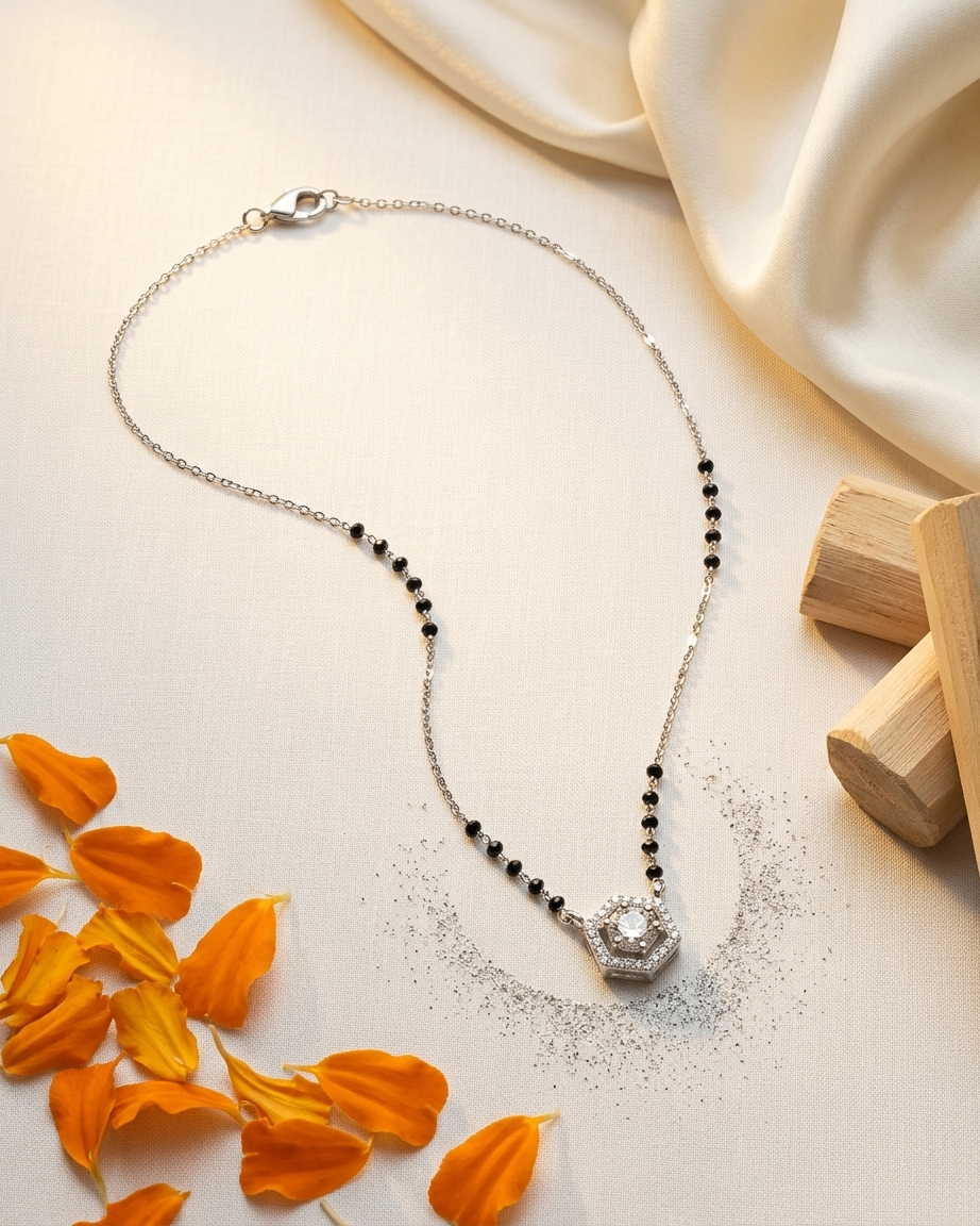 Modern Rhodium-Plated Hexagon Halo Mangalsutra