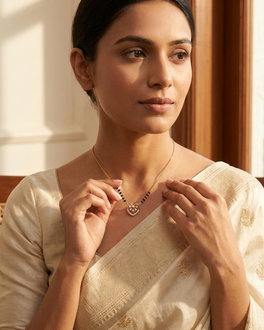 Gold-Plated Heart Pendant Mangalsutra with Black Beads