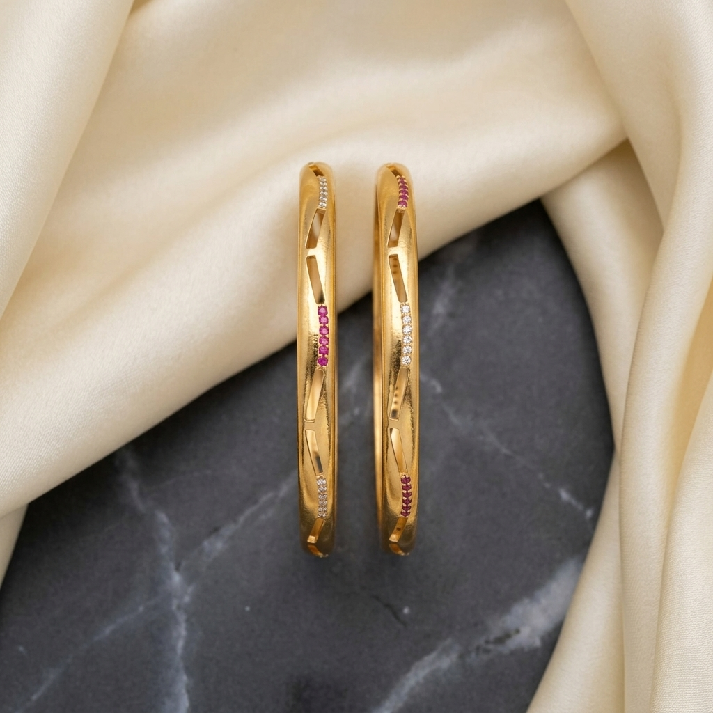 Elegant Brass Daily Wear Bangles with Ruby & White Stone Accents - Set of 2