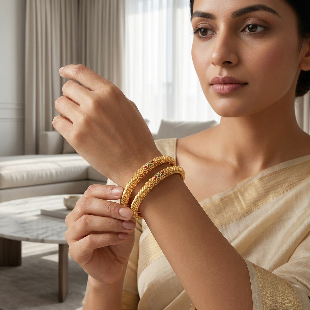 Set of 2 Gold-Plated Traditional Bangles with Intricate Beaded Texture and Ruby-Green Enamel Accents