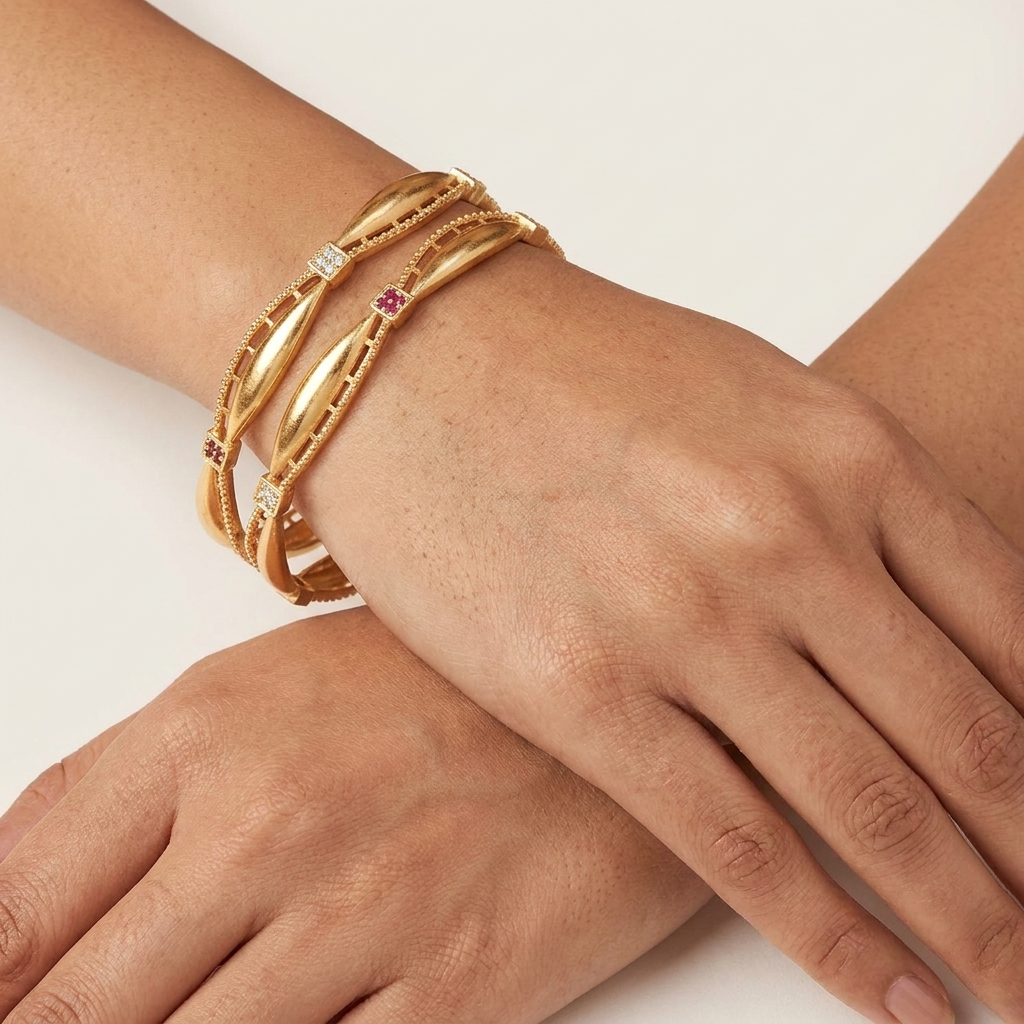 The Aura Wave Kada Set ÔøΩ  Gold Plated Bangles with Ruby & Cubic Zirconia (Set of 2)