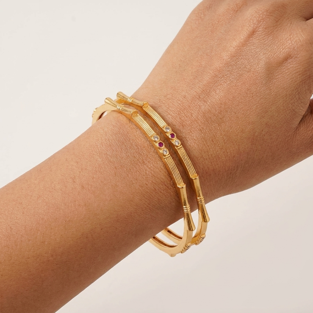 The Bamboo Harmony Bangle Set ÔøΩ Set of 2 Matte Gold Kada Bracelets with Inset Gemstones