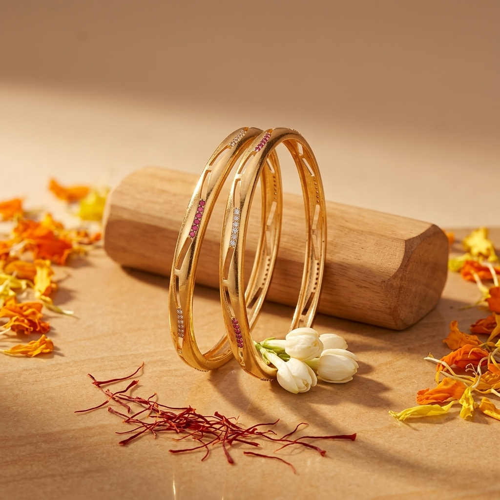Elegant Brass Daily Wear Bangles with Ruby & White Stone Accents - Set of 2
