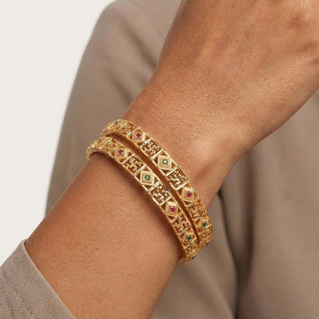 Daily Wear Gold-Plated Brass Bangles with Red and Green Stones (Set of 2)