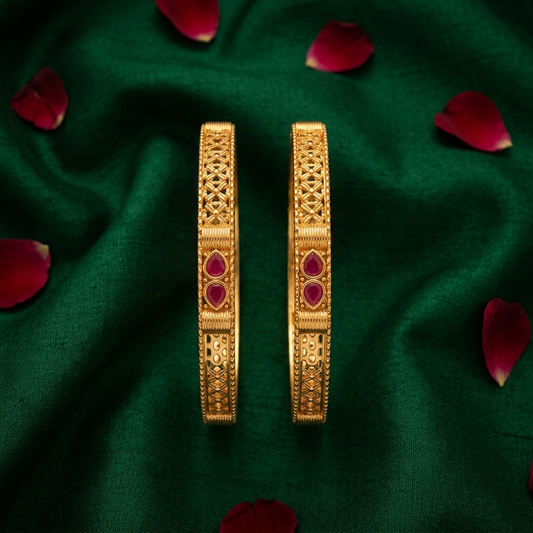 The Heritage Filigree Bangle Set (Set of 2) ÔøΩ  Gold Plated with Ruby & Emerald Detailing