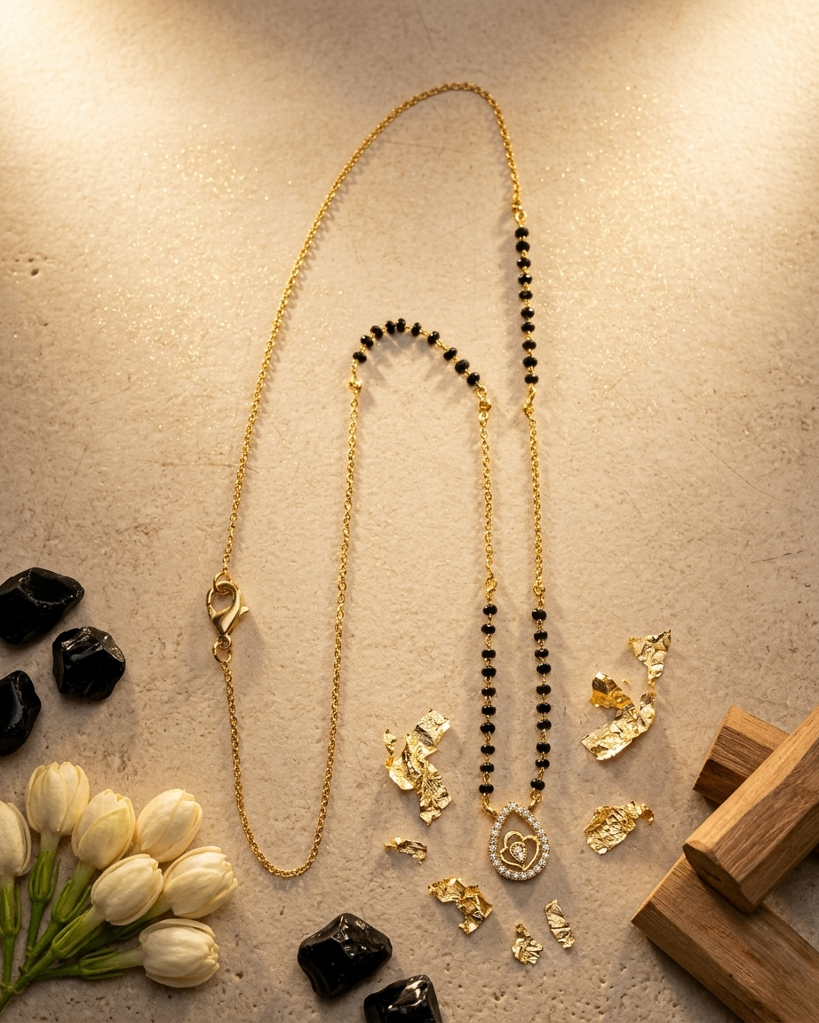Gold-Plated Long Mangalsutra with Teardrop Diamond Pendant