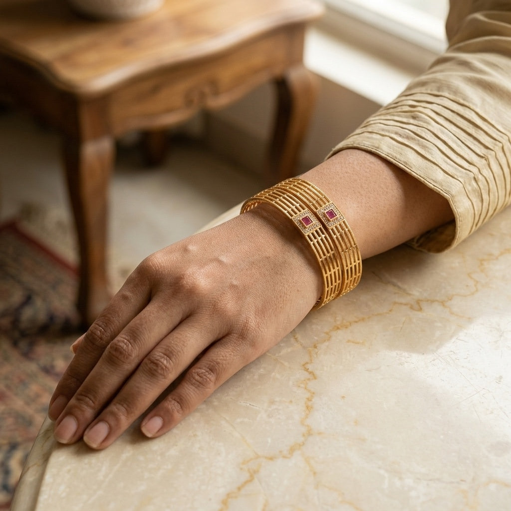 DailyWear Brass Gold-Plated Cut-Out Kada Bangles with Ruby & CZ Accents (Set of 2)