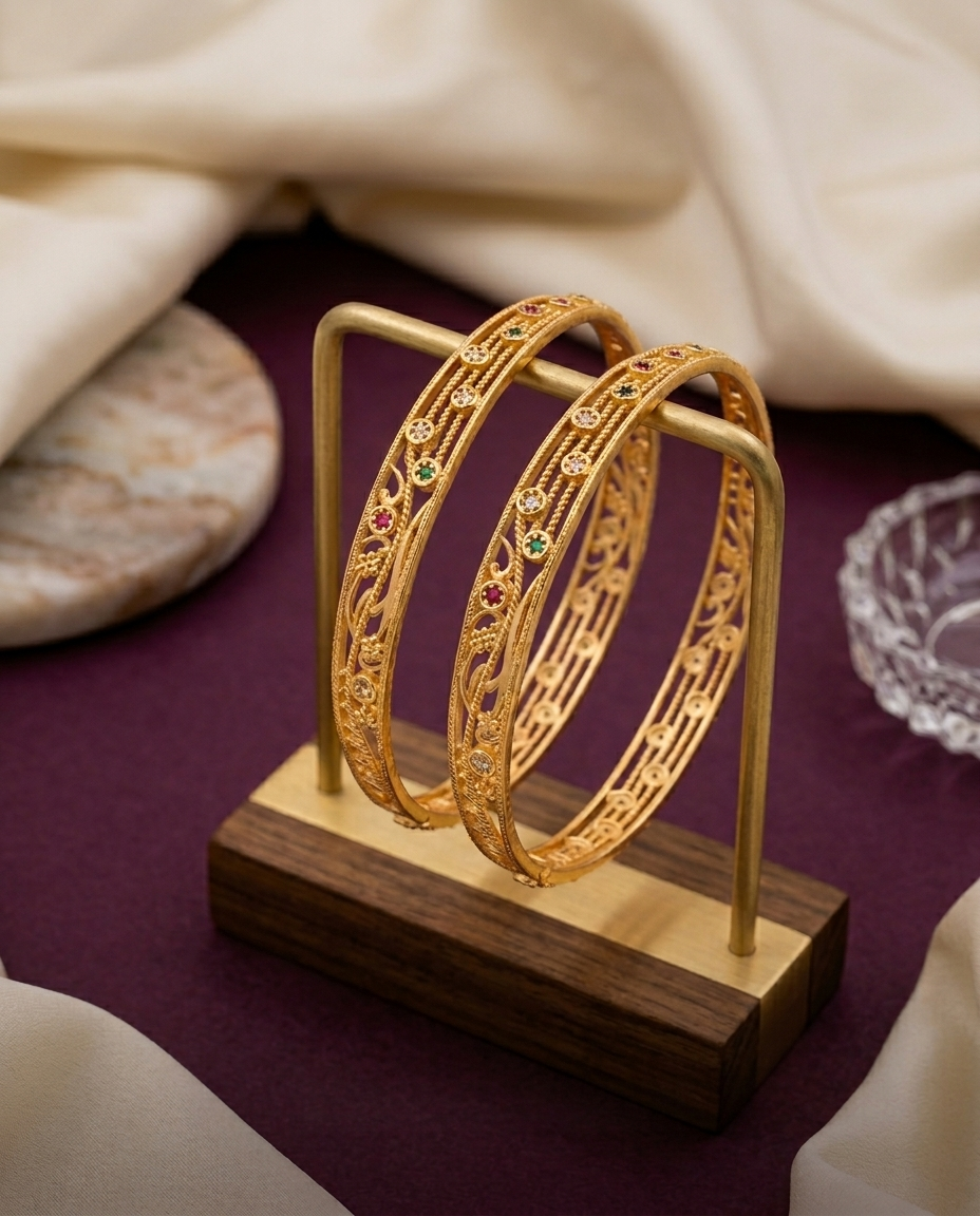 Elegant Brass Daily Wear Bangles with Multi-Color Stone Accents (Set of 2)