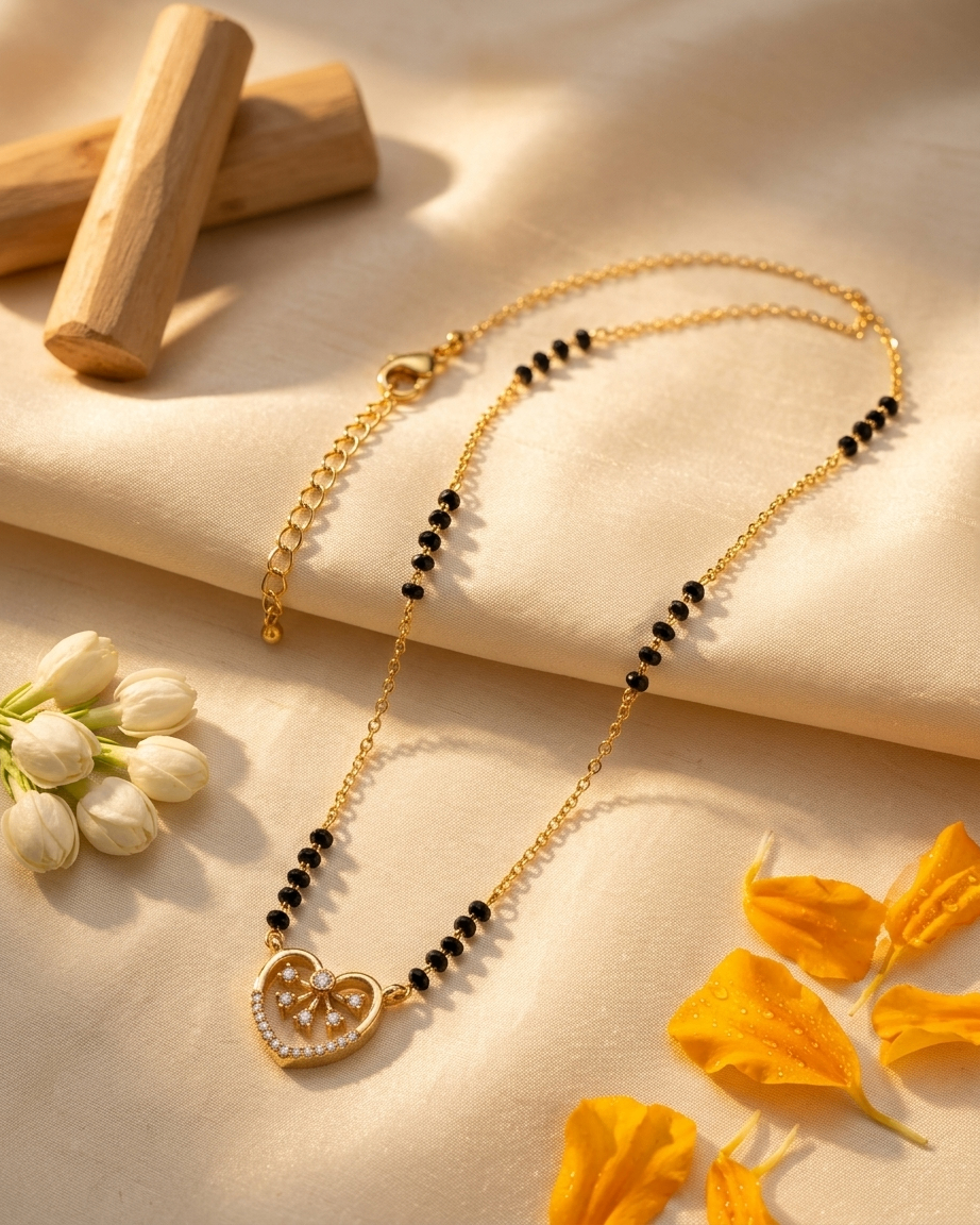 Gold-Plated Heart Pendant Mangalsutra with Black Beads