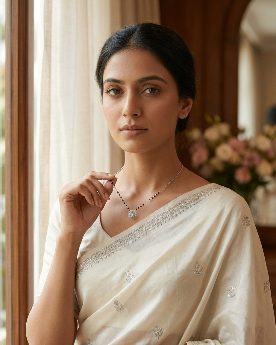 Silver-Plated Round CZ Pendant Mangalsutra