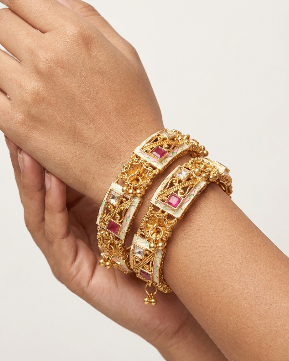 2-Piece Gold Plated Antique Kada Bangles Set with Ruby Stones and Meenakari Enamel Work for Women