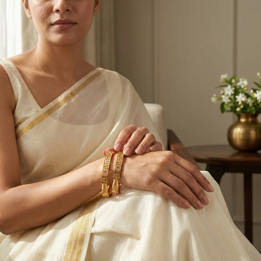 The Aura Geometric Kada Bangles (Set of 2) ÔøΩ Matte Gold with Ruby & Cubic Zirconia