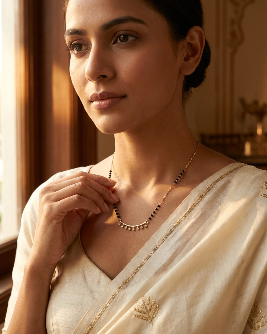 Gold-Plated Curved Bar Mangalsutra with CZ Drops