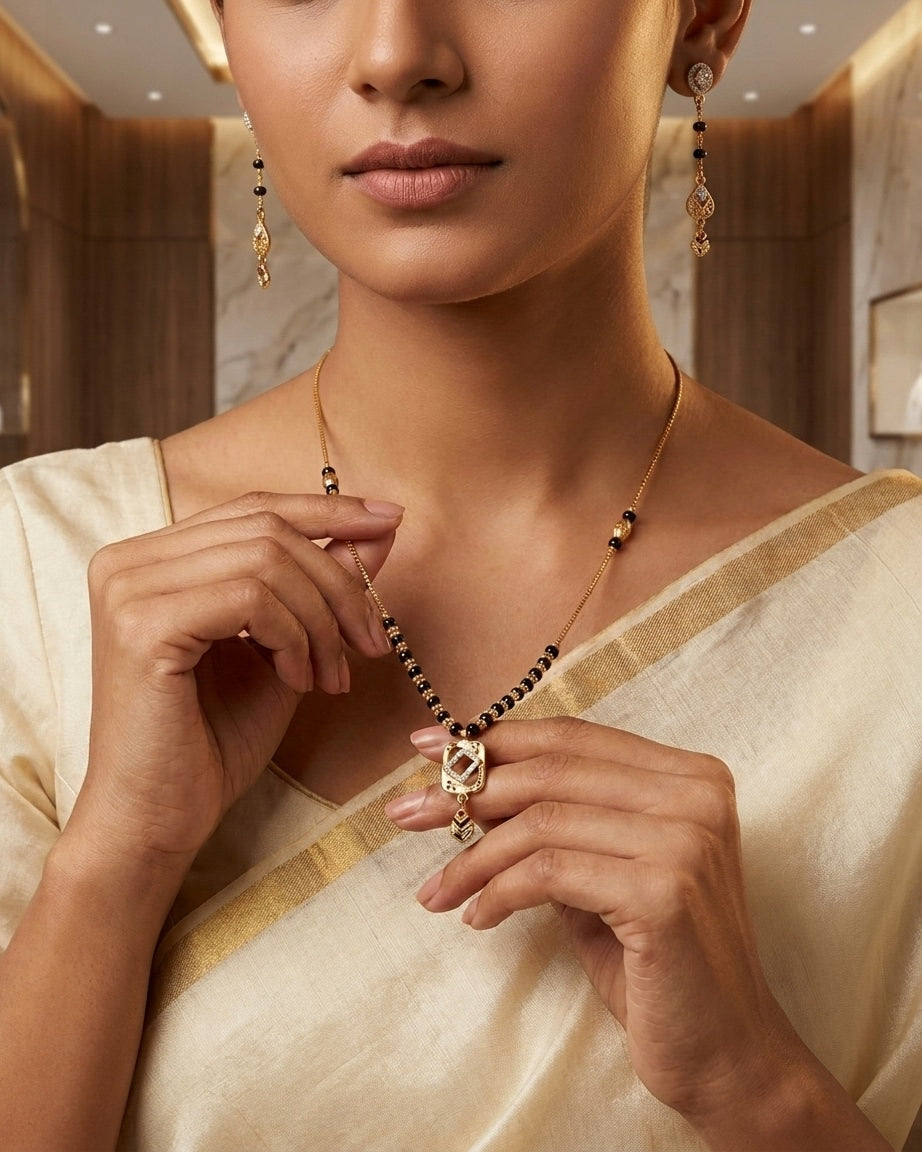 Gold-Tone Brass Rectangular Pendant Mangalsutra | 18-Inch Daily Wear with CZ Stones