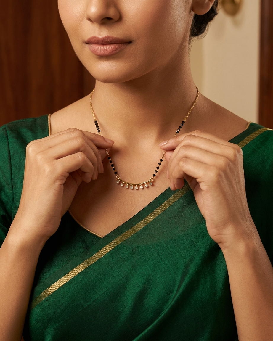 Gold-Plated Curved Bar Mangalsutra with CZ Drops