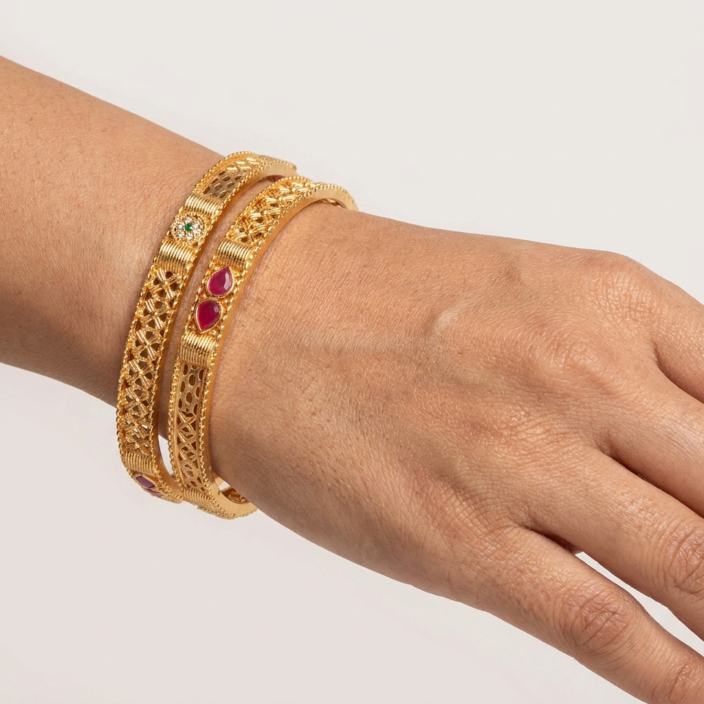The Heritage Filigree Bangle Set (Set of 2) ÔøΩ  Gold Plated with Ruby & Emerald Detailing