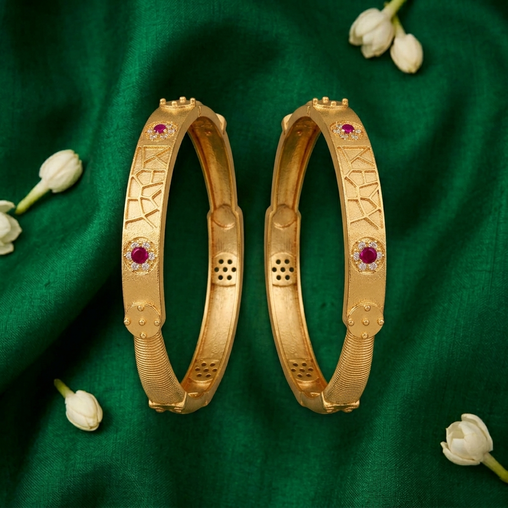 The Aura Geometric Kada Bangles (Set of 2) ÔøΩ Matte Gold with Ruby & Cubic Zirconia