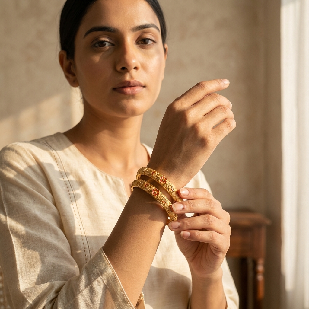 Elegant Brass Gold-Plated Daily Wear Floral Bangles (Set of 2)
