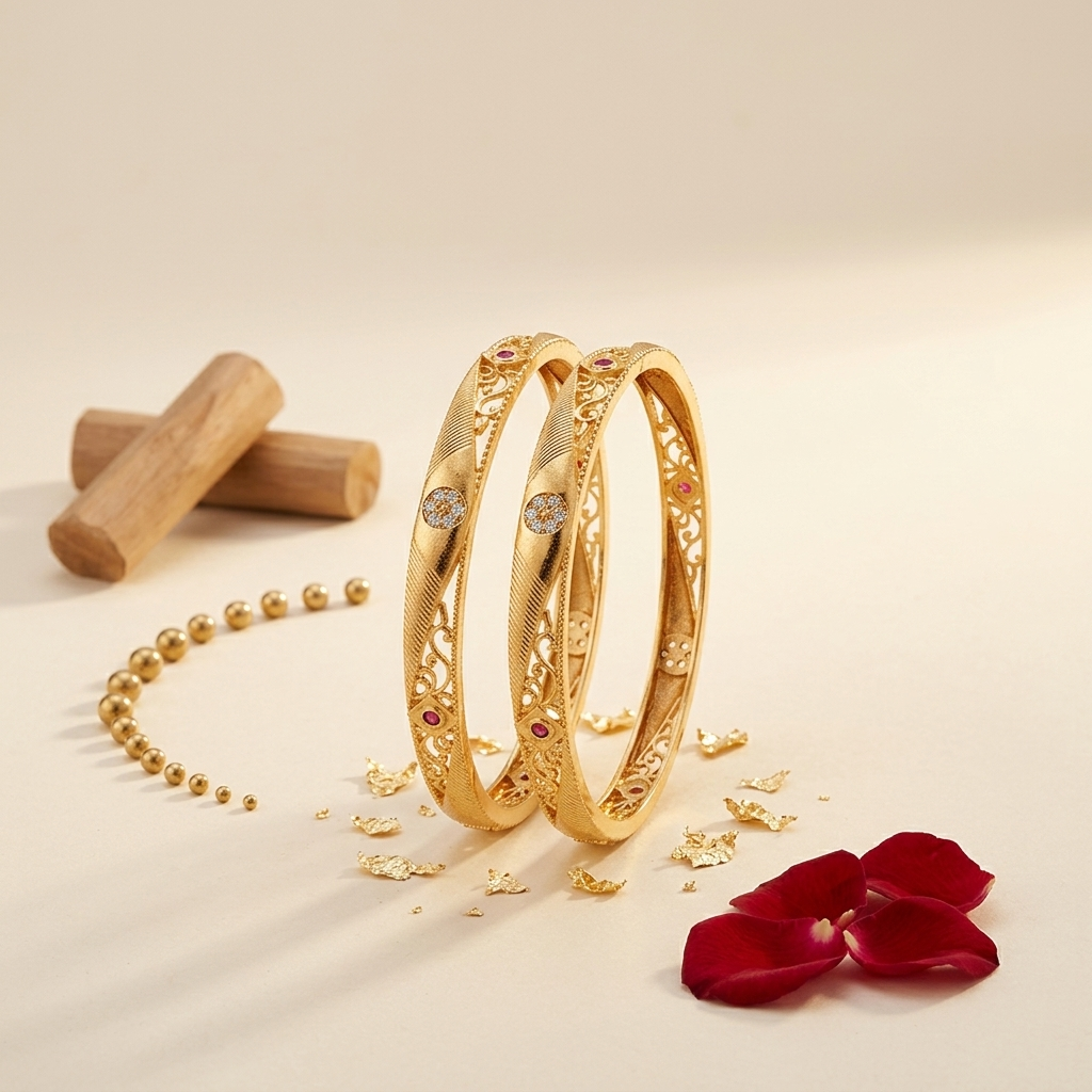 Elegant Brass Gold-Plated Daily Wear Bangles with Intricate Filigree & Stone Accents (Set of 2)