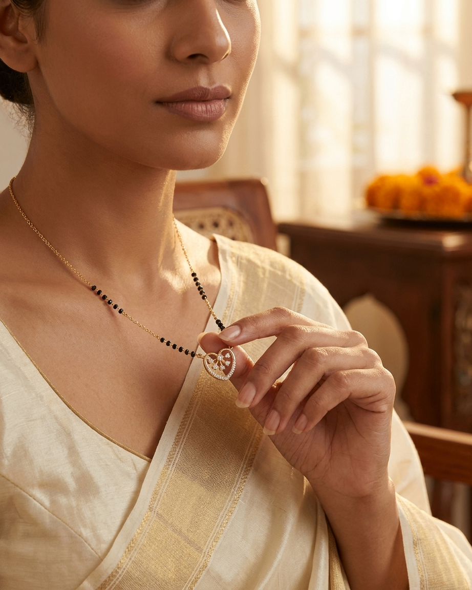 Gold-Plated Heart Pendant Mangalsutra with Black Beads