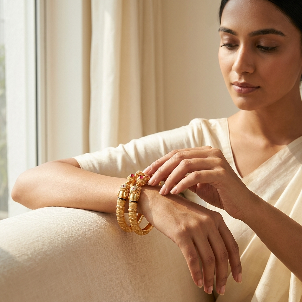 The Majestic Gaja Kada Set ÔøΩ Intricate Gold-Tone Elephant Motif Bangles (Set of 2)