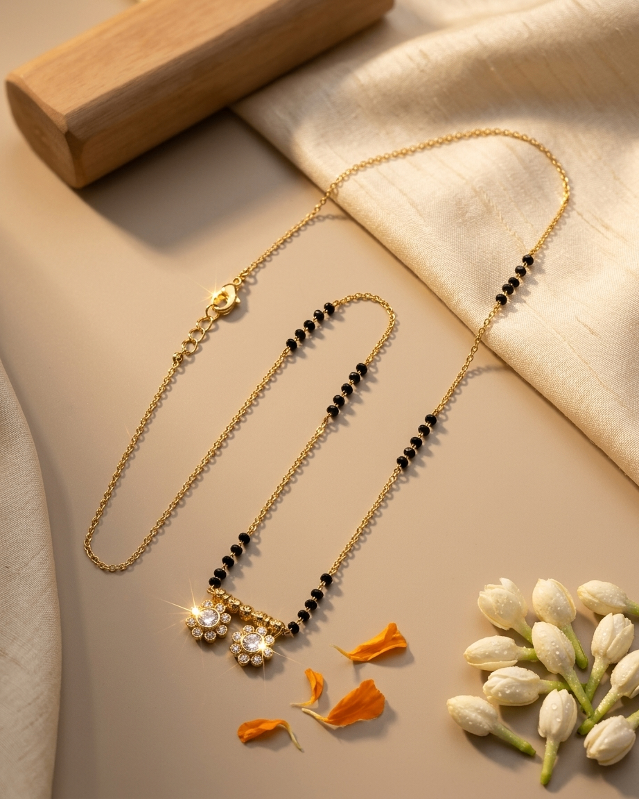 Gold-Plated Double Floral Pendant Mangalsutra with Black Beads