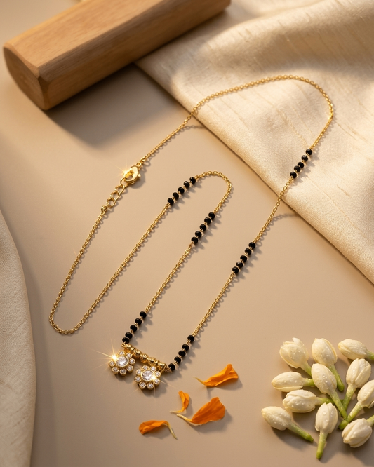 Gold-Plated Double Floral Pendant Mangalsutra with Black Beads
