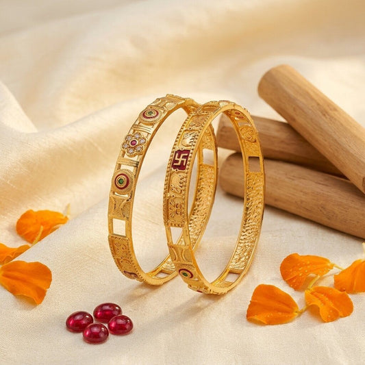 Daily Wear Gold-Plated Brass Bangles with Floral and Traditional Motifs (Set of 2)